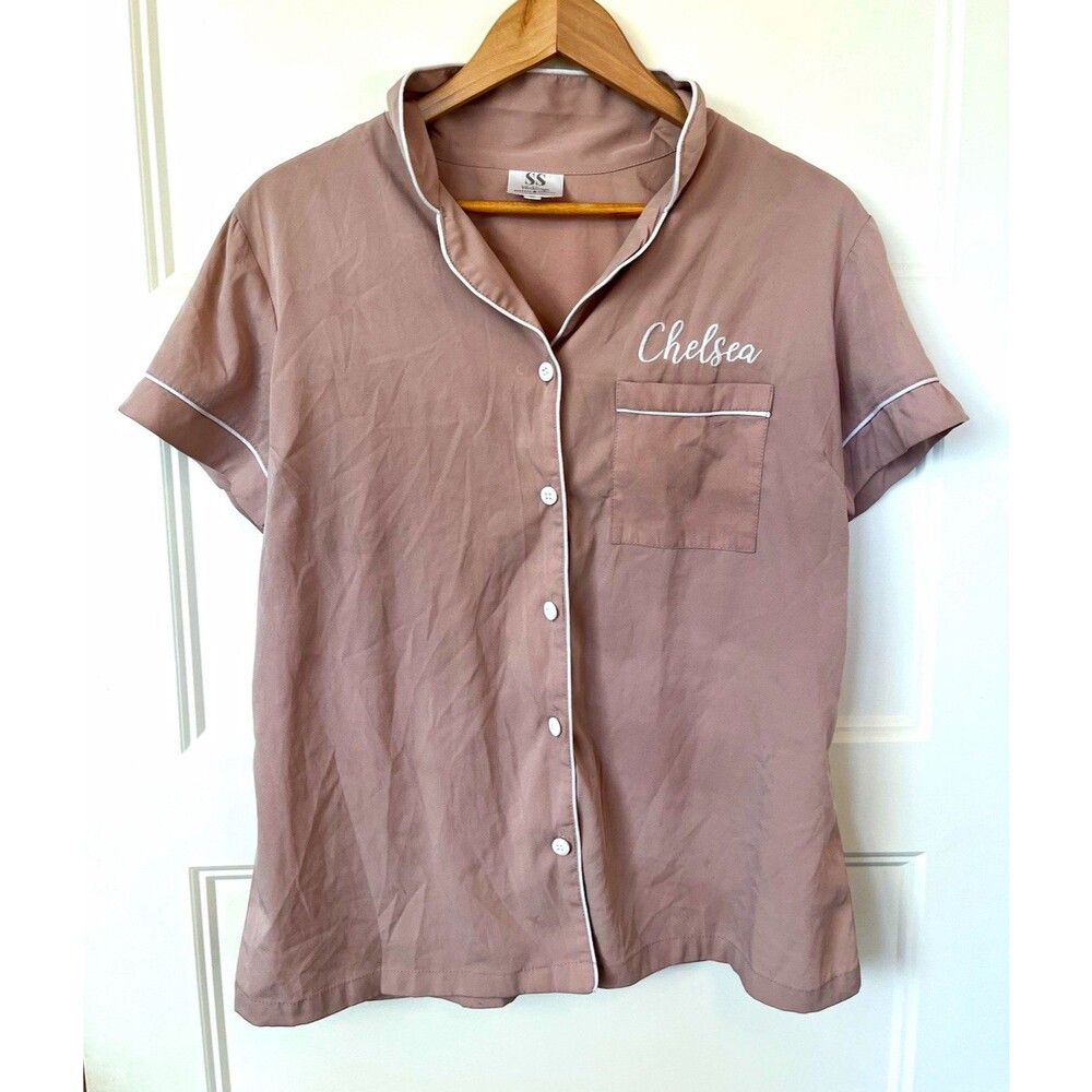 SS Weddings Women's Taupe Solid Button-Down Collared Pajama Top Chelsea Medium